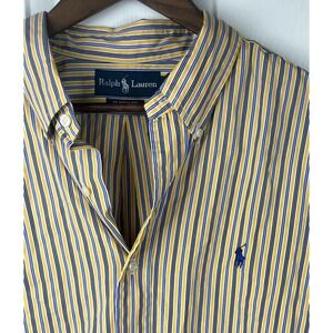 Ralph Lauren Shirt Mens XL Yellow Blue Striped Classic Fit Button Down Pony Logo